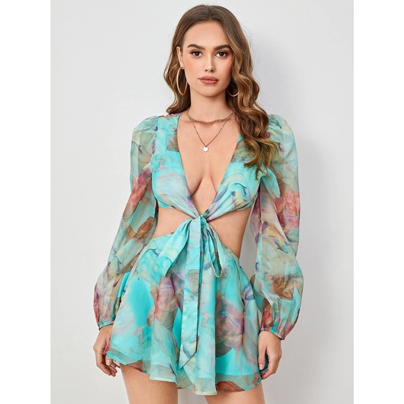 boho Lantern Sleeve Knot Cutout Waist Chiffon Romper - Picture 11 of 11